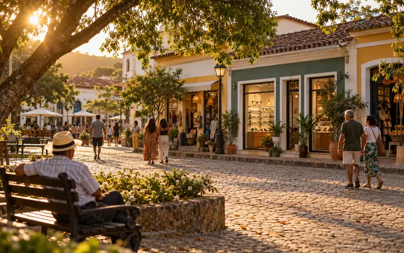 Praça principal de uma cidade pequena ao entardecer, com uma ótica modesta entre outras lojas.