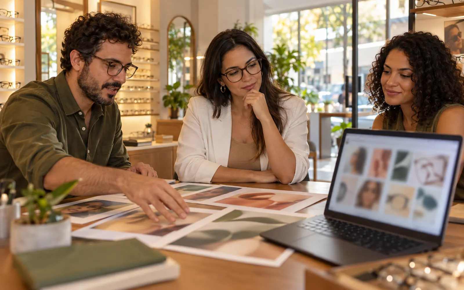 Dono de ótica entre a reunião com a agência e o notebook com a IA gerando anúncios.