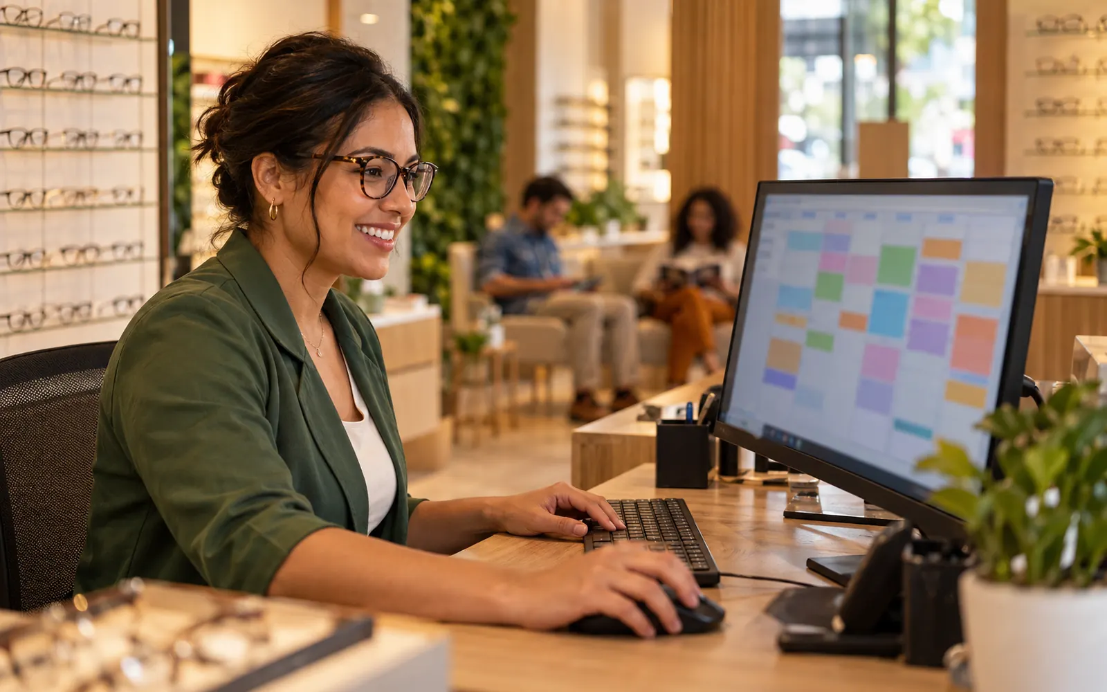 Recepcionista sorrindo diante de uma agenda semanal cheia, com clientes na sala de espera.