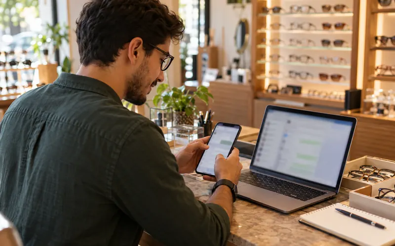 Atendente de ótica respondendo clientes pelo celular no balcão, com um notebook de conversas ao lado.