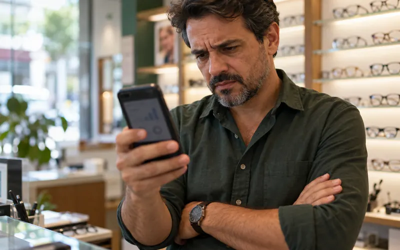 Dono de ótica franzindo a testa ao olhar o celular com métricas de anúncio, com o balcão ao fundo.