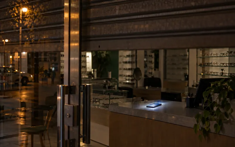 Ótica fechada à noite vista pela porta de vidro, com o celular iluminado no balcão recebendo mensagens.