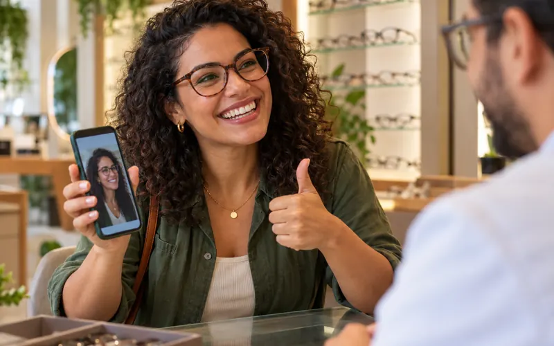 Cliente satisfeita com óculos novos mostrando o celular à vendedora, de polegar para cima.