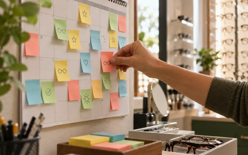 Calendário de parede com post-its coloridos nos fundos de uma ótica e uma mão colocando mais um.