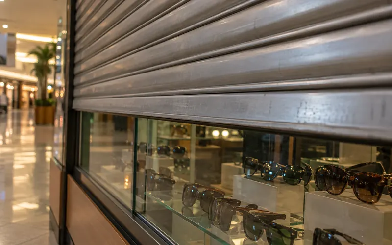 Quiosque genérico de óculos de sol em shopping com a grade parcialmente baixada.