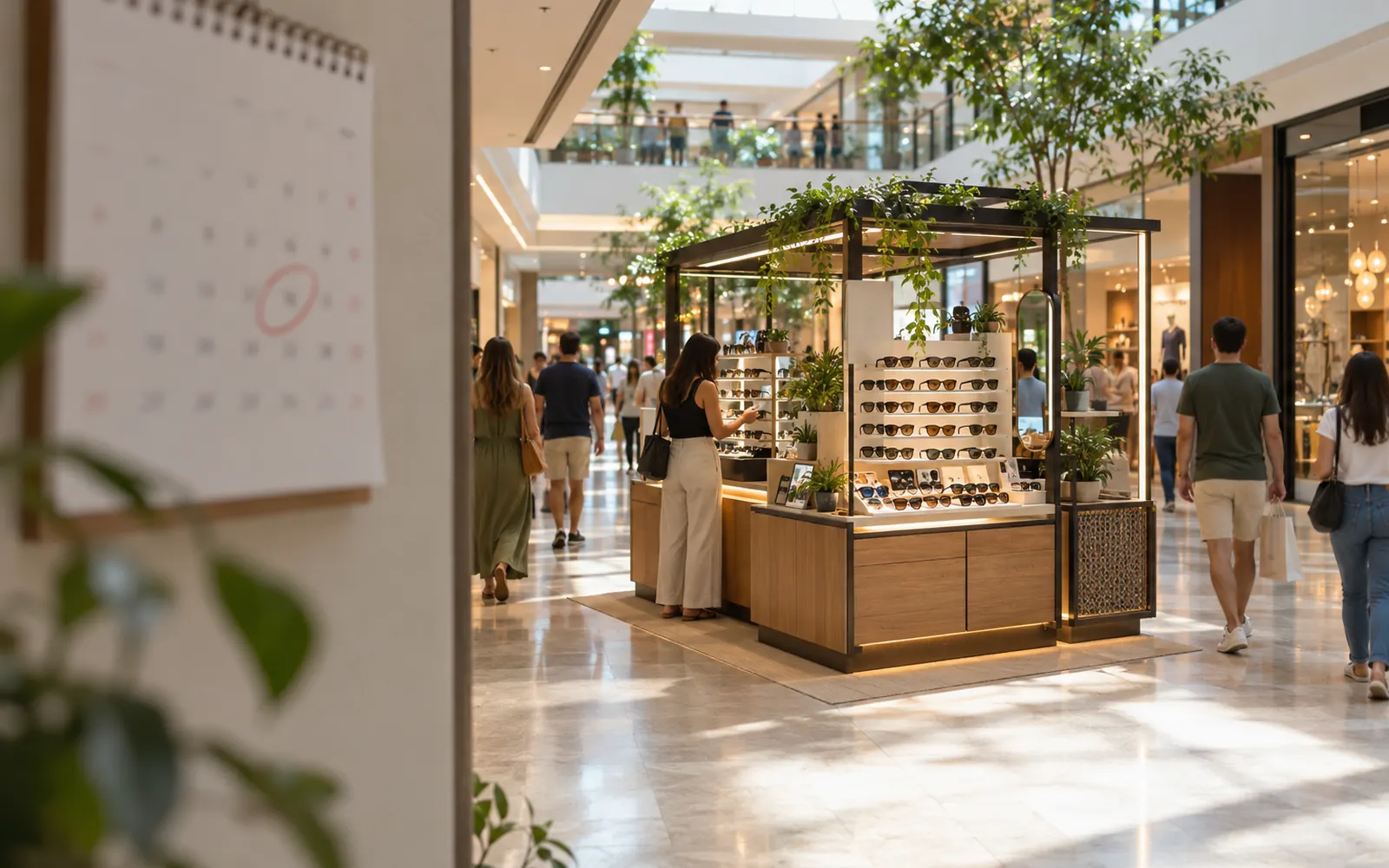 Corredor de shopping com um quiosque de óculos de sol e pessoas passando, sem marca identificável.