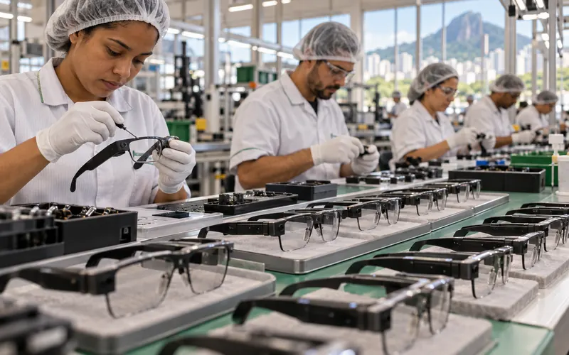 Linha de montagem com óculos inteligentes genéricos e trabalhadores uniformizados em uma fábrica clara.
