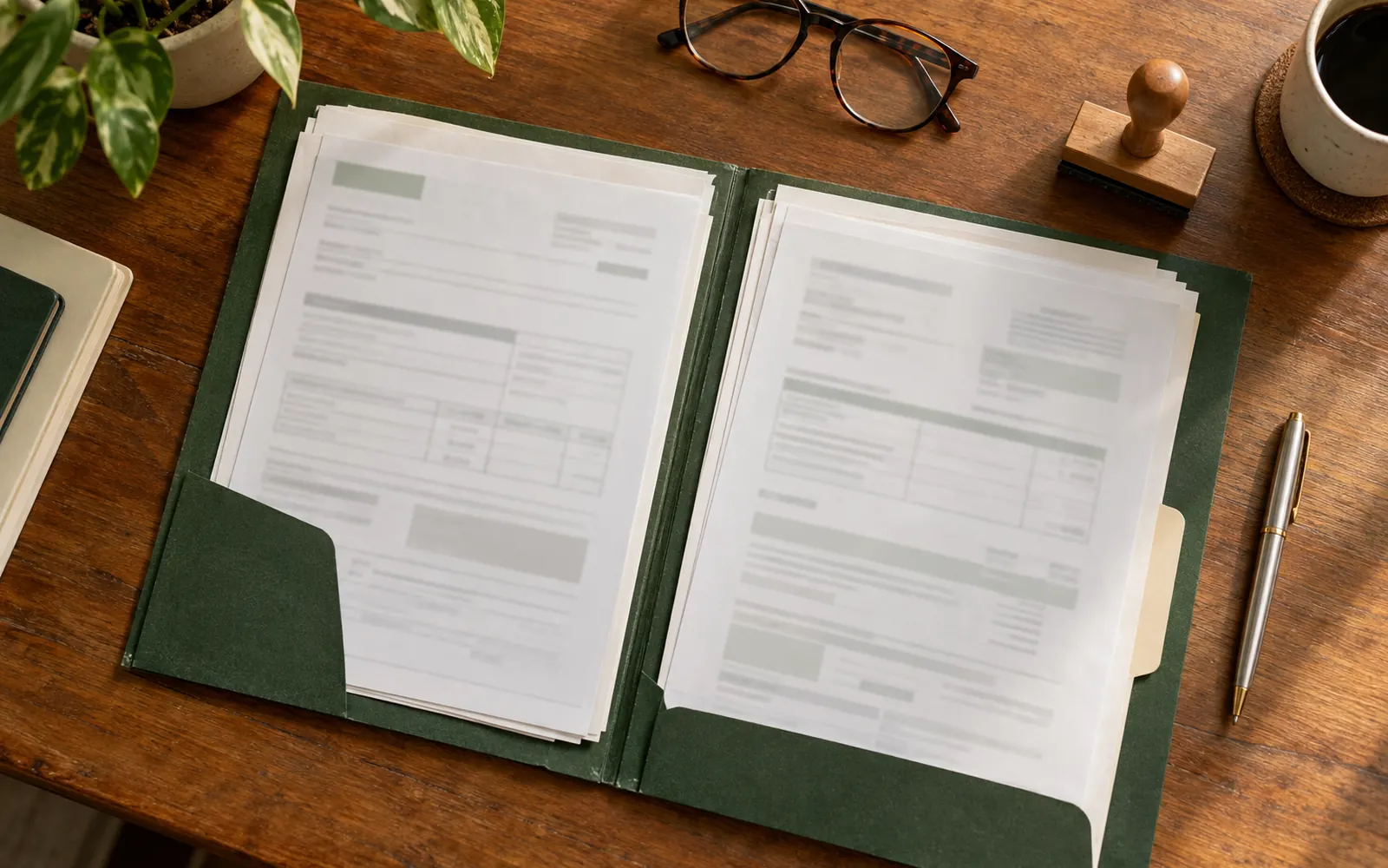 Pasta de documentos de registro de empresa com carimbo, caneta e óculos sobre uma mesa de madeira.