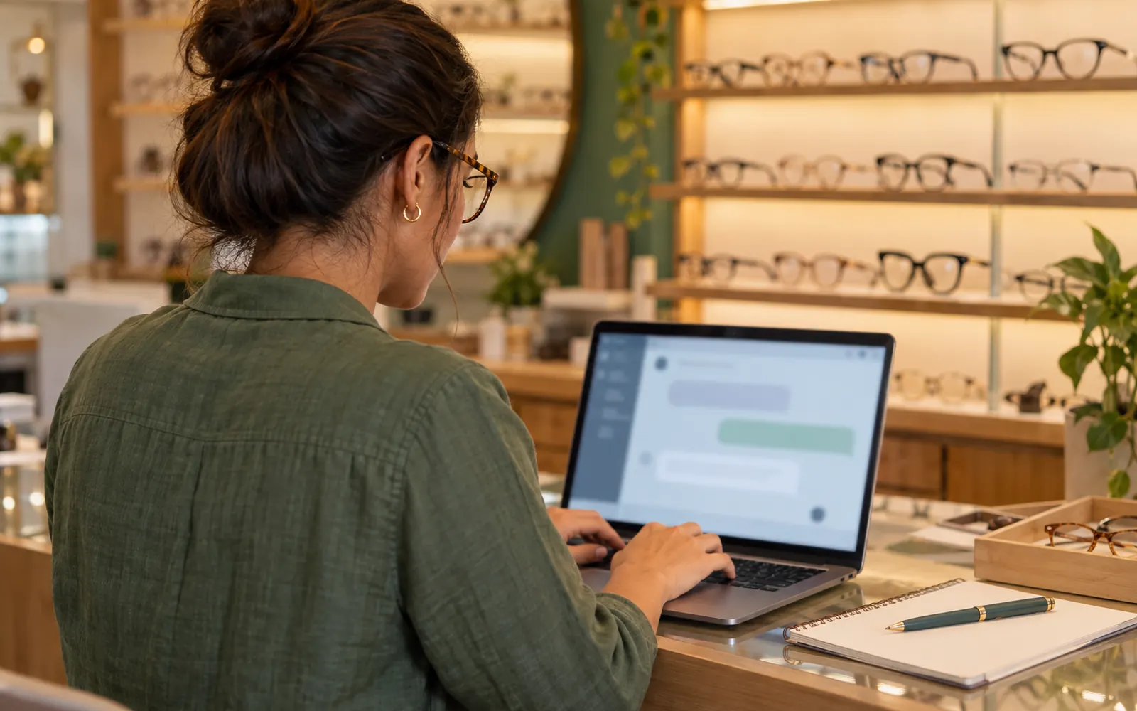 Dona de ótica fazendo uma pergunta em um assistente de IA no notebook, no balcão da loja.
