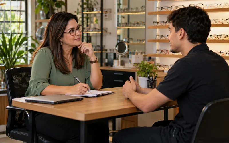 Entrevista de emprego na ótica: dona da loja conversando com um candidato a vendedor.