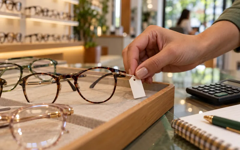 Mão colocando uma etiqueta de preço em óculos de grau em uma vitrine de ótica.