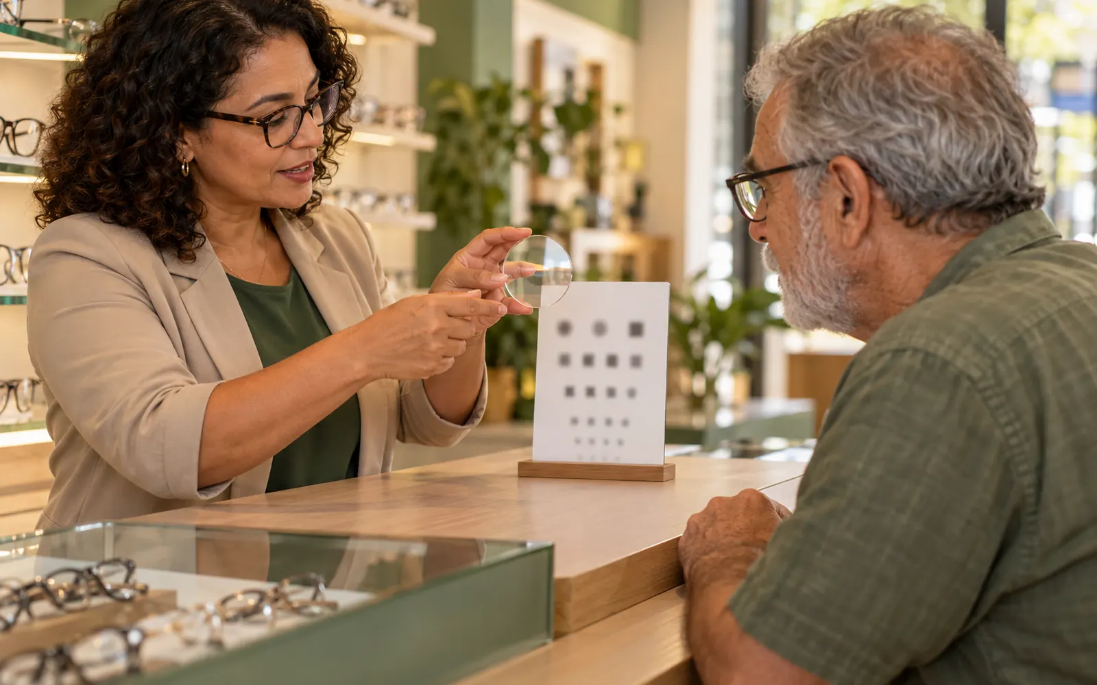 Vendedora explicando uma lente multifocal a um cliente de mais de 60 anos usando uma lente de demonstração.