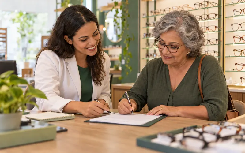 Vendedora e cliente idosa assinando juntas um carnê de pagamento no balcão da ótica.