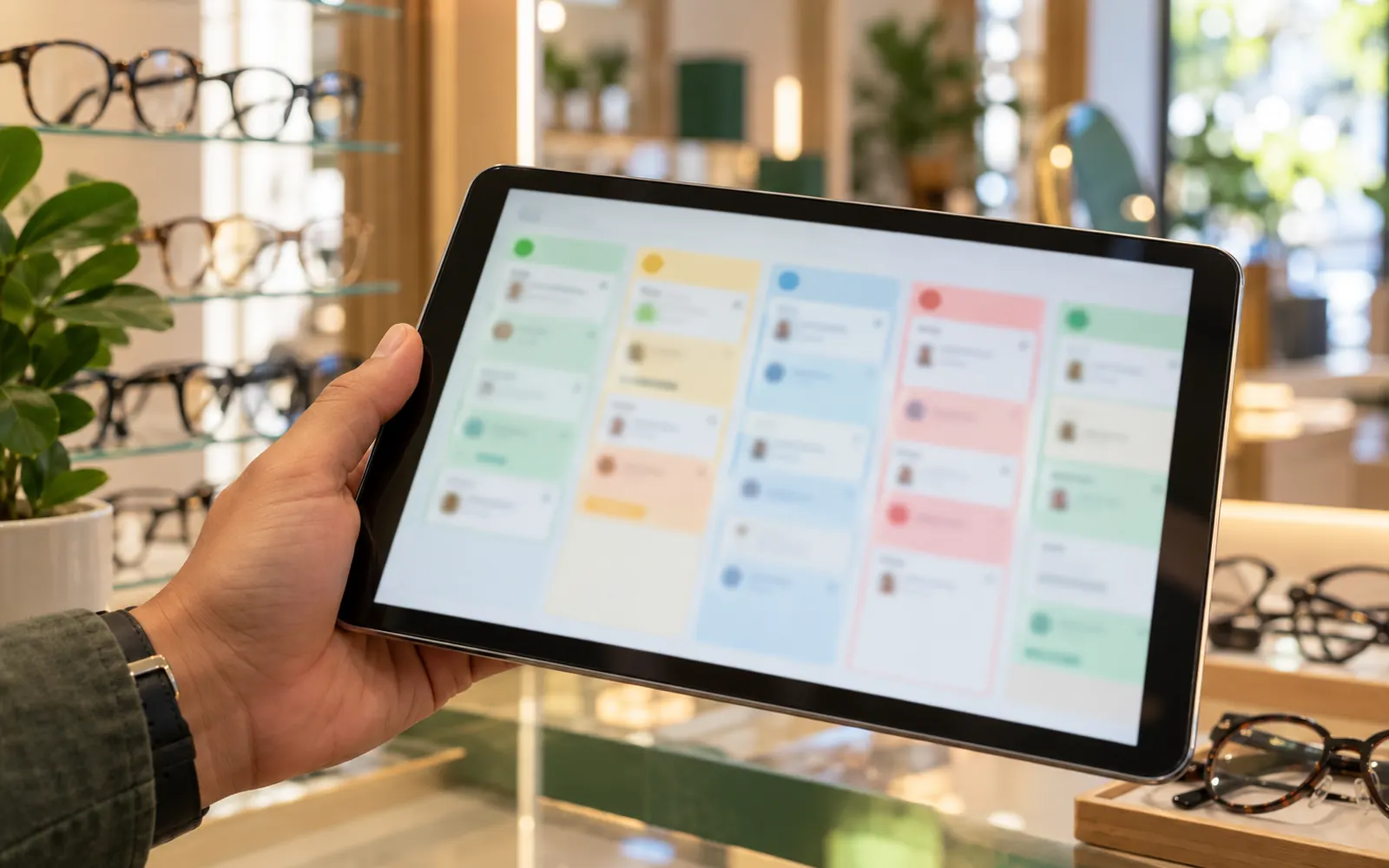 Tablet exibindo um painel de clientes em colunas coloridas, com o balcão de uma ótica ao fundo.