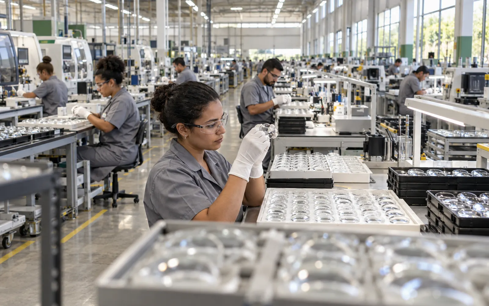 Salão industrial de produção de lentes com bancadas e trabalhadores.