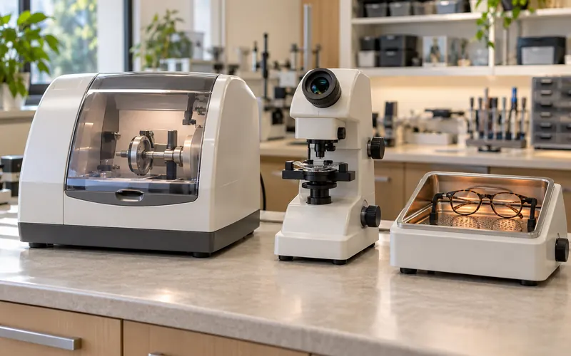 Bancada de laboratório com equipamentos essenciais organizados em uma ótica.