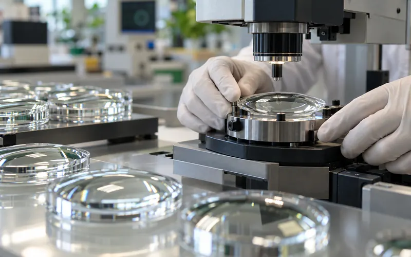 Lentes e instrumentos de medição em um laboratório de fabricação moderno, close em luvas e equipamentos.