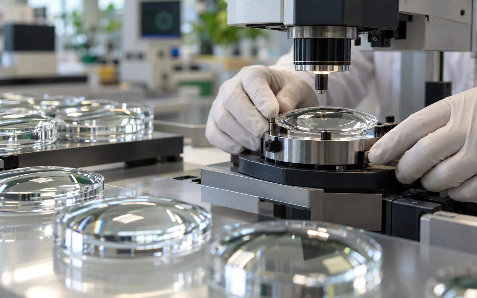Lentes e instrumentos de medição em um laboratório de fabricação moderno, close em luvas e equipamentos.