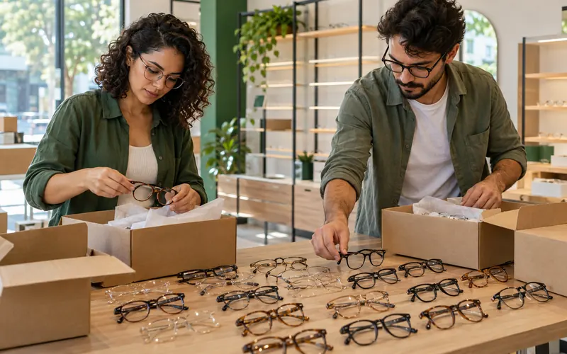 Duas pessoas desembalando armações de caixas de papelão para montar o estoque de uma ótica.