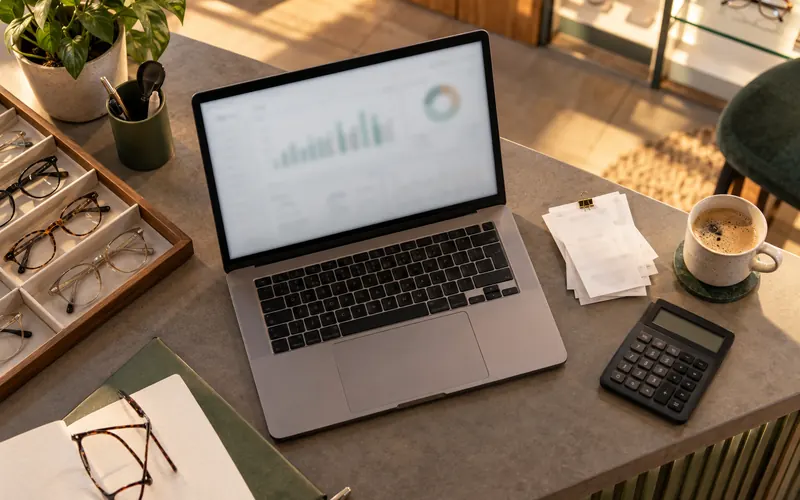 Balcão de ótica ao fim do dia com notebook, notas, calculadora e café, para o fechamento do mês.