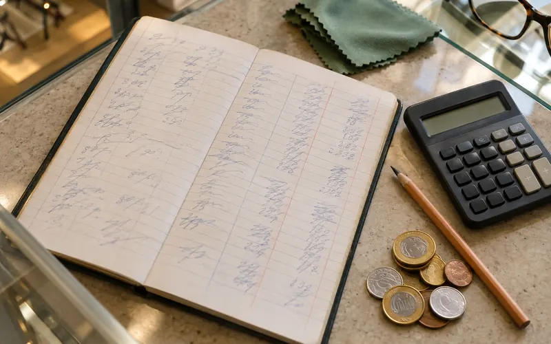 Caderno de fluxo de caixa com calculadora e lápis sobre o balcão de uma ótica.