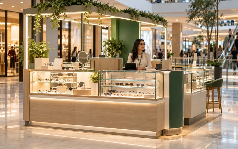 Quiosque de ótica de design uniforme em um shopping, com poucas armações expostas e uma vendedora aguardando.