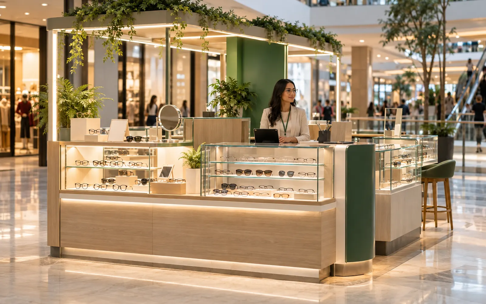 Quiosque de ótica de design uniforme em um shopping, com poucas armações expostas e uma vendedora aguardando.