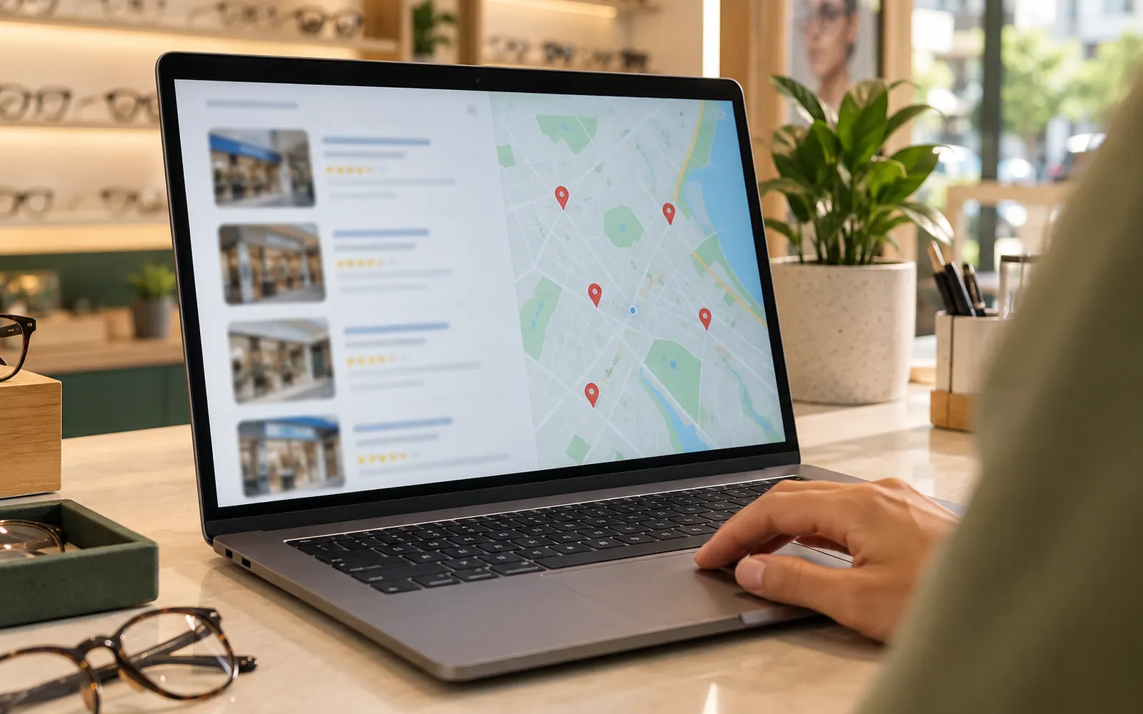 Notebook com página de resultados de busca e mapa desfocados sobre o balcão de uma ótica.