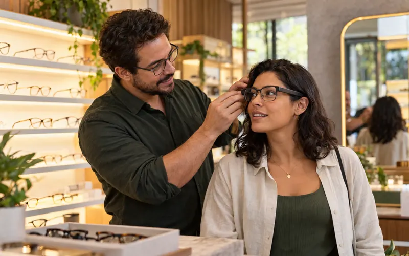 Vendedora ajudando uma cliente a experimentar óculos inteligentes em uma ótica moderna.