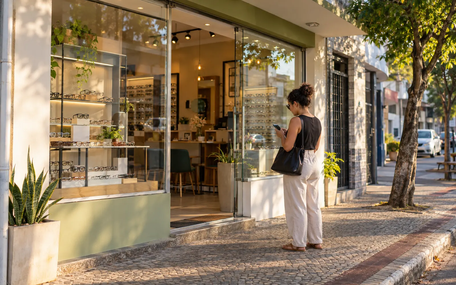 Fachada de uma ótica em cidade brasileira com uma pessoa na calçada consultando o celular.