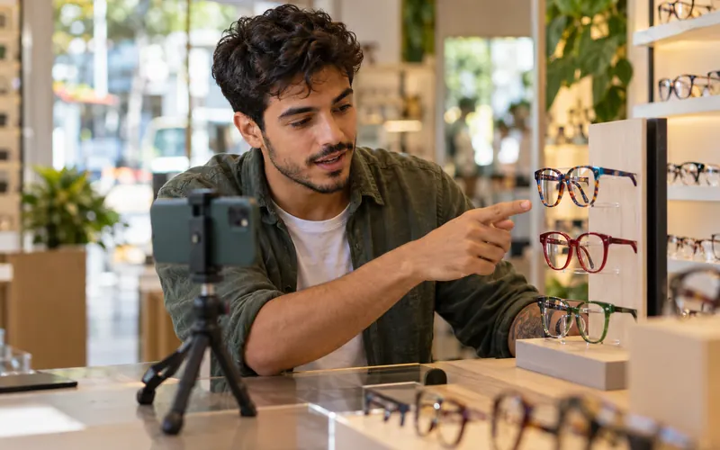 Jovem gravando em vídeo com o celular uma armação colorida na vitrine de uma ótica.
