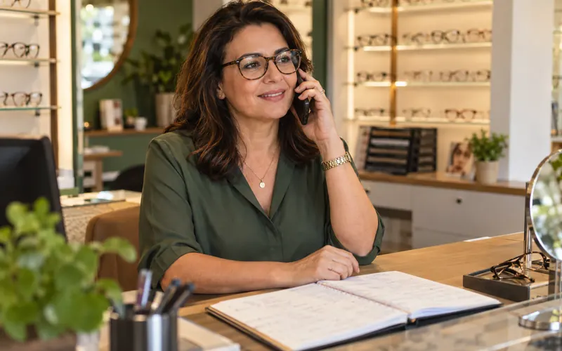 Vendedora de ótica falando com calma ao telefone, com um caderno de controle sobre o balcão.