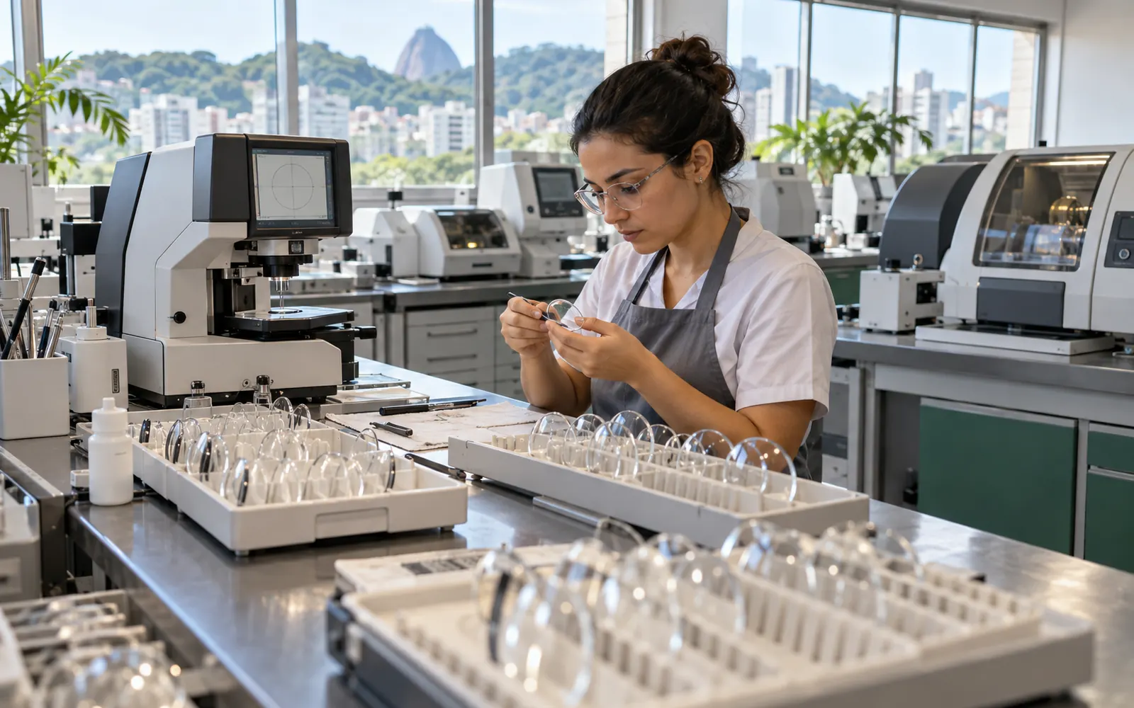 Laboratório óptico limpo e moderno, com técnico trabalhando em uma bancada com máquinas e bandejas de lentes.