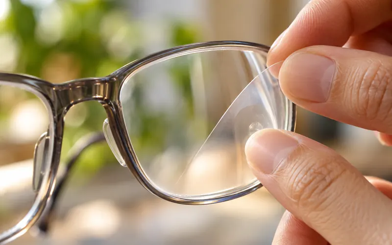 Close de uma película transparente sendo aplicada com os dedos sobre uma lente de óculos.