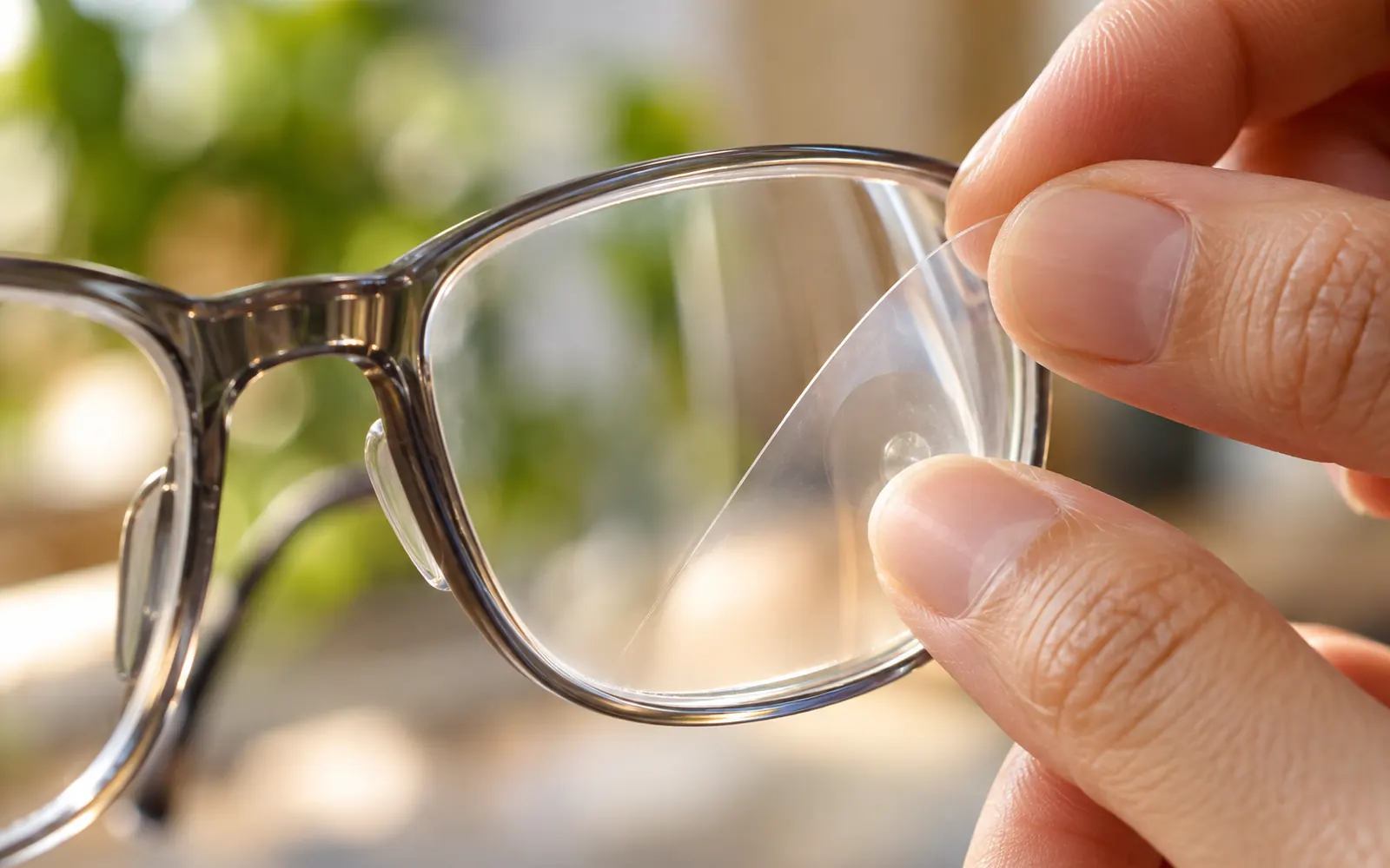 Close de uma película transparente sendo aplicada com os dedos sobre uma lente de óculos.
