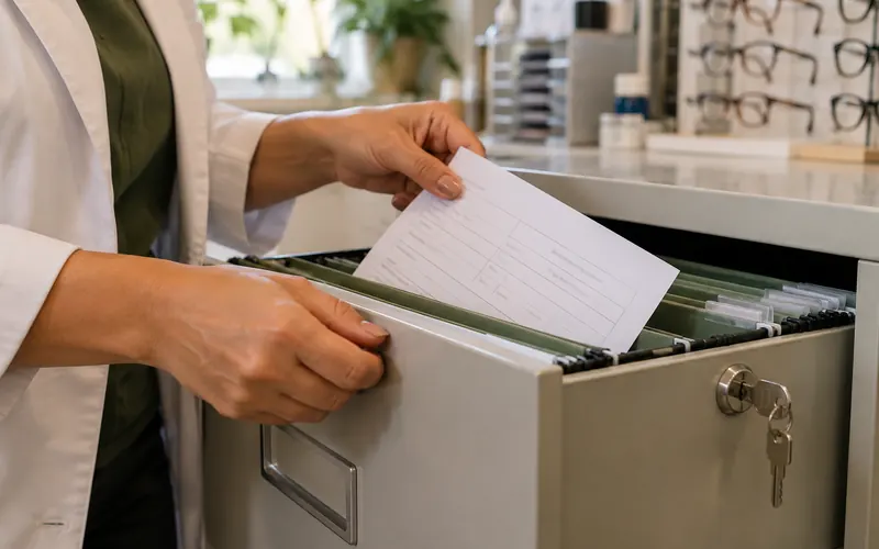 Mãos guardando uma ficha de cliente em um arquivo trancado nos fundos de uma ótica.