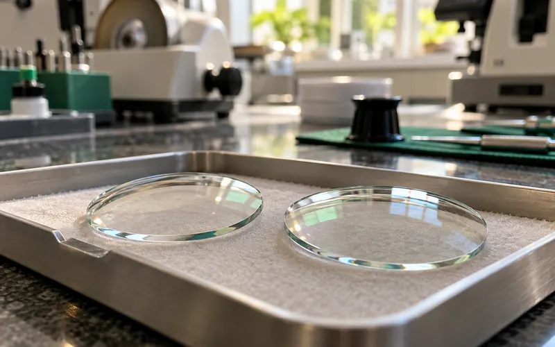 Close de lentes de grau prontas sobre uma bandeja na bancada do laboratório da ótica.
