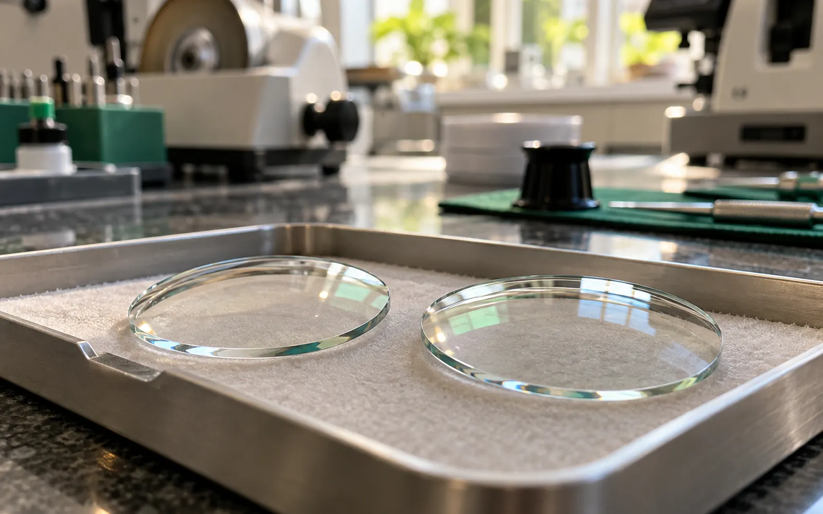 Close de lentes de grau prontas sobre uma bandeja na bancada do laboratório da ótica.