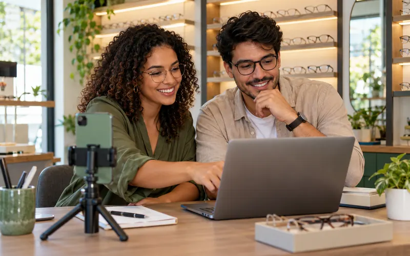 Dupla de uma ótica criando posts no notebook com um celular em tripé, no escritório da loja.