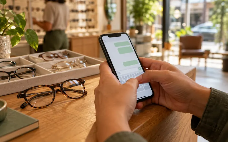 Mãos digitando no celular com um aplicativo de mensagens, com óculos e uma bandeja de armações no balcão.
