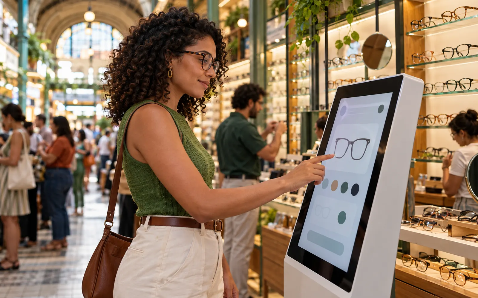 Cliente usando um totem com tela sensível ao toque em um mercado de óculos movimentado.