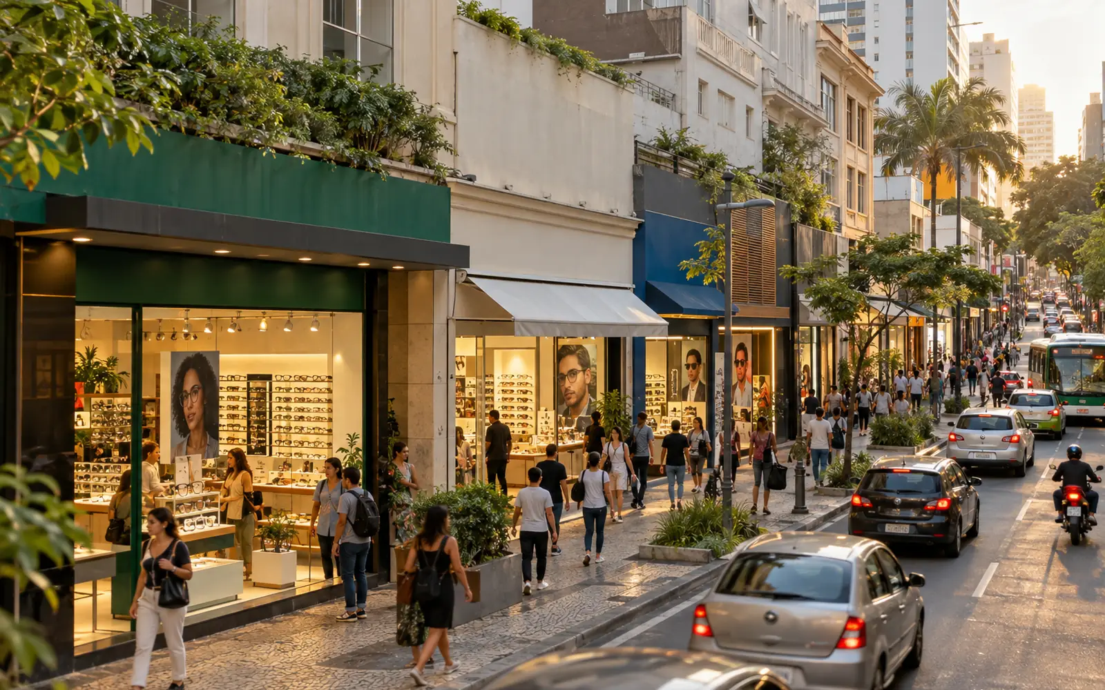 Rua comercial movimentada no Brasil com várias óticas lado a lado e pessoas passando.