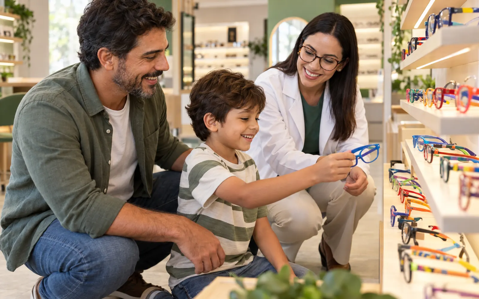 Pai e filho escolhendo armações coloridas infantis, com a vendedora ajoelhada para ajudar.