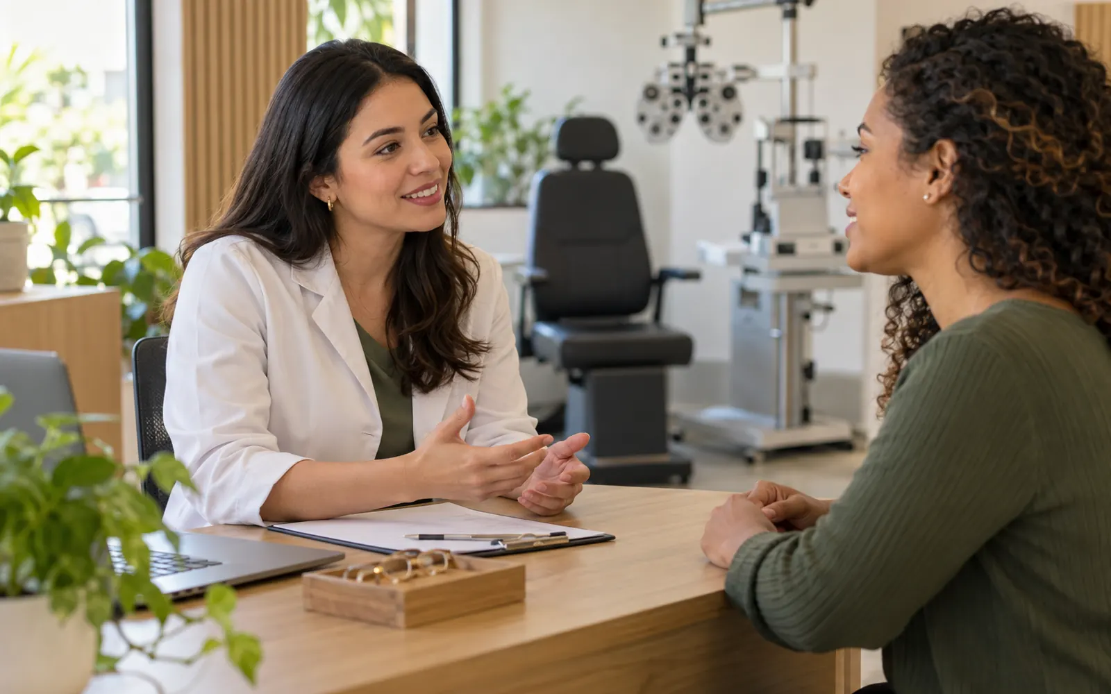 Conversa tranquila de consulta em uma sala de exame de uma ótica moderna, com a profissional e a cliente sentadas à mesa e o equipamento parado ao fundo.