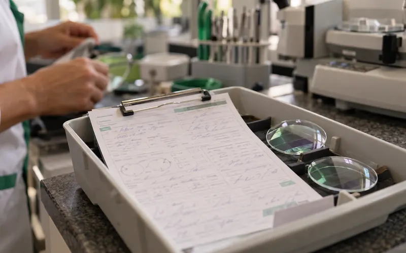 Ordem de serviço presa a uma bandeja com lentes no fluxo do laboratório de uma ótica.