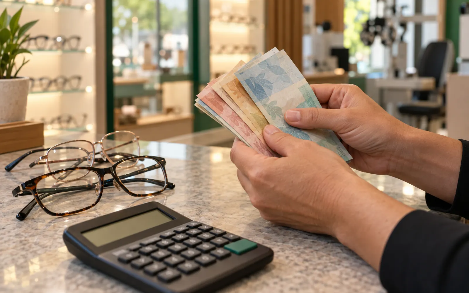 Mãos contando dinheiro ao lado de armações e uma calculadora no balcão de uma ótica.
