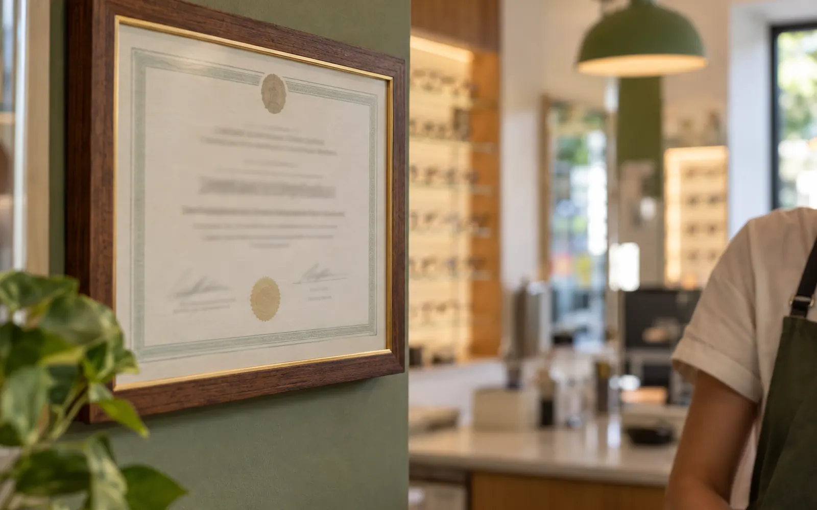 Certificado emoldurado na parede de uma ótica, com um profissional desfocado ao lado.