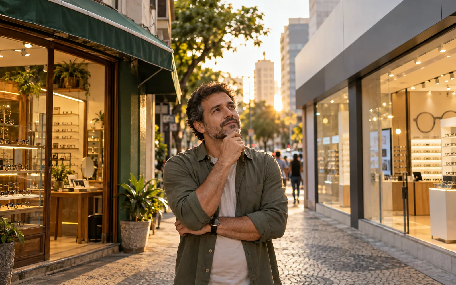 Empreendedor parado entre duas lojas na rua, uma independente e outra de rede, decidindo o caminho.