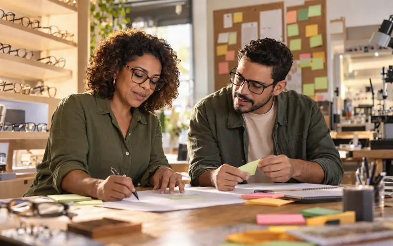 Dois sócios planejando ações em um quadro de post-its na sala dos fundos de uma ótica.