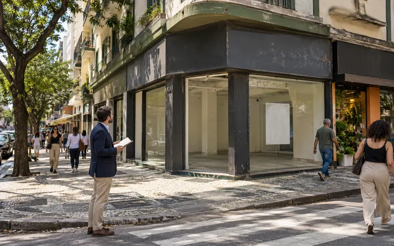Ponto comercial de esquina em uma rua movimentada, com uma pessoa avaliando o local com um caderno.